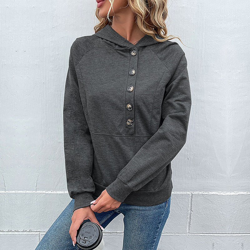 Damen lässiger Kapuzenpullover mit Knopfleiste und Raglanärmeln Stalluxe