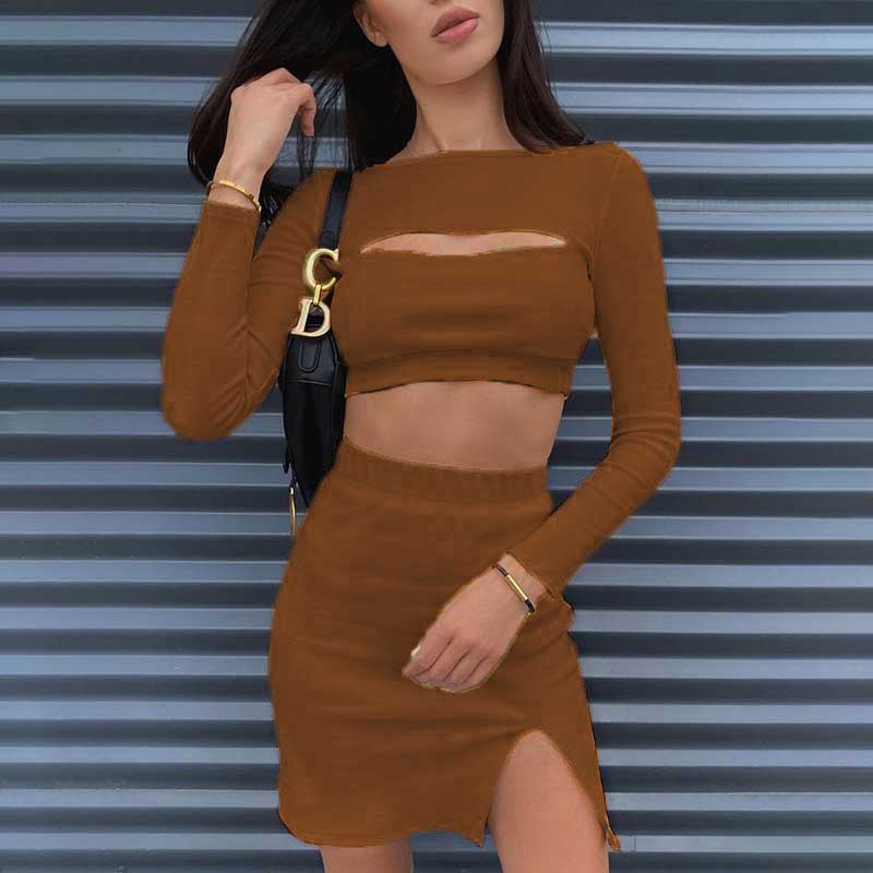 Damen Zweiteiliges Set mit schulterfreiem Crop-Top und Bodycon Rock mit Schlitz Stalluxe