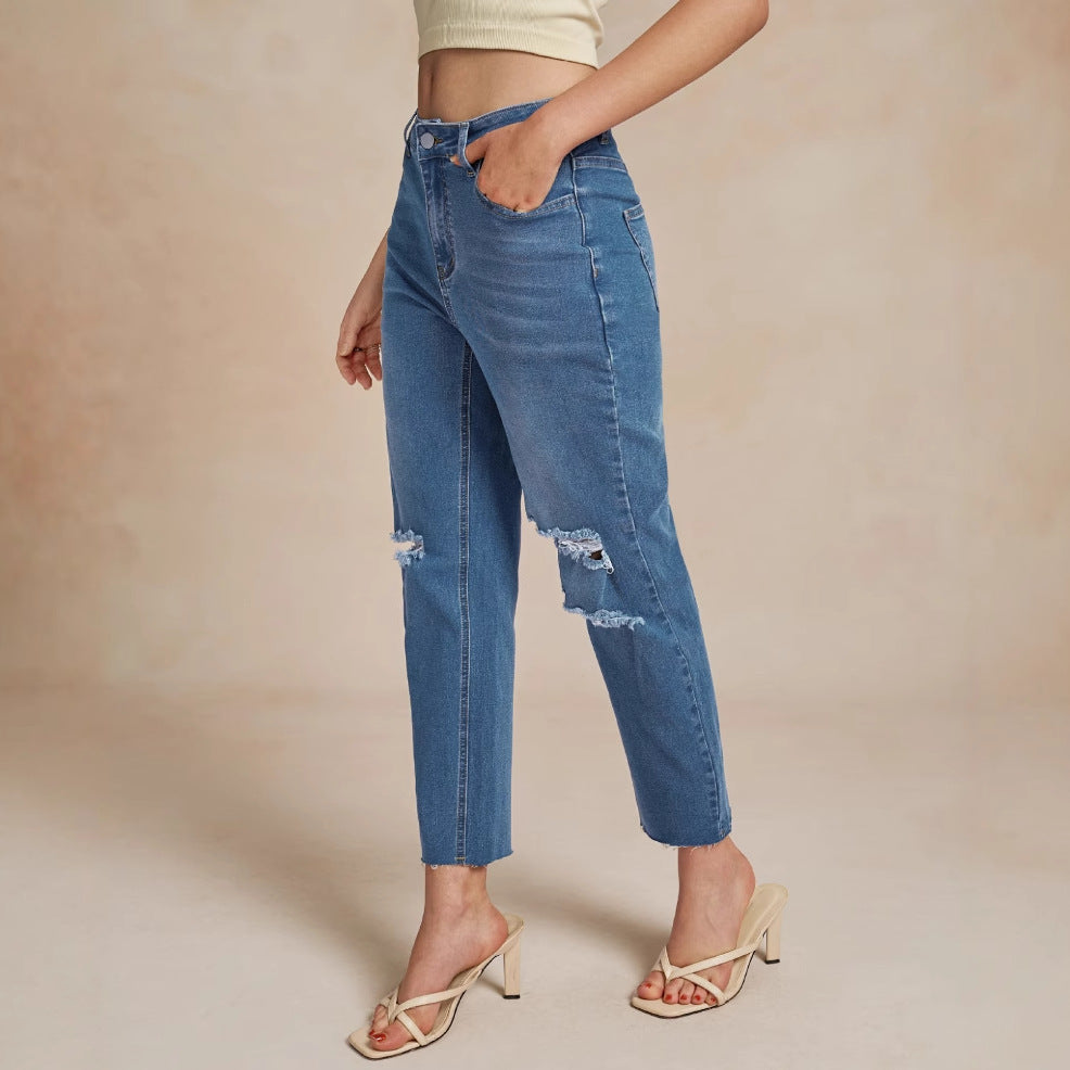 Damen Hochtaillierte Ripped Jeans mit lässigem Schnitt und Fransen Stalluxe