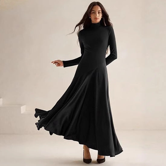 Damen Elegantes Langarm Maxikleid mit hohem Kragen und fließendem Rock Stalluxe