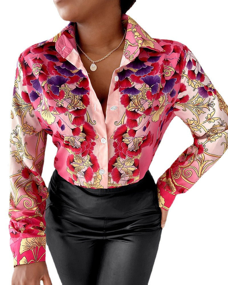 Damen Schicke Druckbluse mit modischem Kragen und figurbetonendem Schnitt Stalluxe