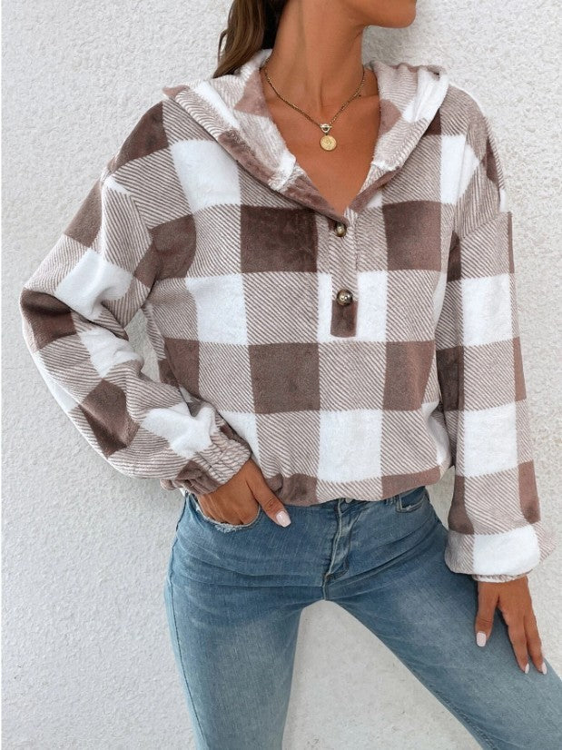 Damen Gemusterte Karo-Hoodie-Bluse Stalluxe