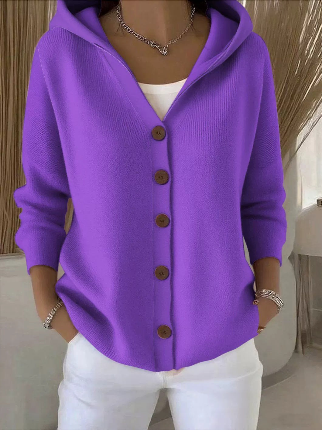 Damen lässige Strickjacke mit Kapuze und Knopfverschluss Stalluxe