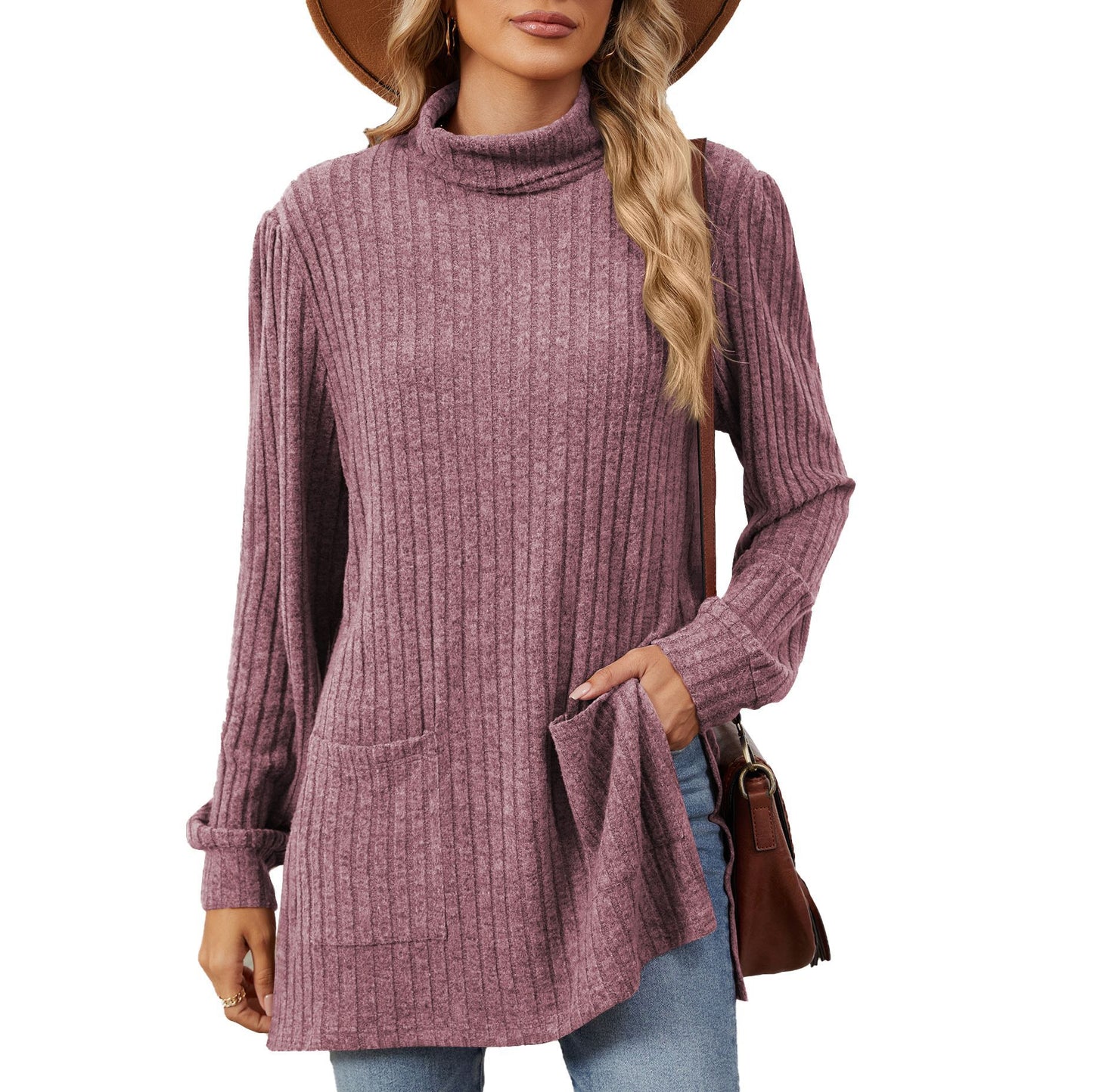Damen elegantes Oberteil aus strukturierter Strickware mit Stehkragen und Seitentaschen Stalluxe