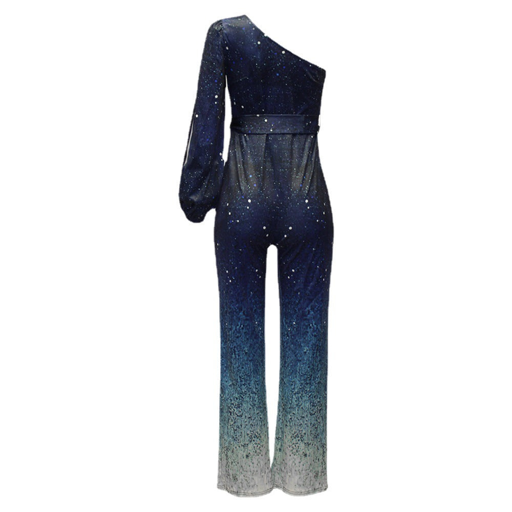 Damen Einseitig geschulterter Glamour Jumpsuit mit funkelnden Pailletten und weitem Bein Stalluxe