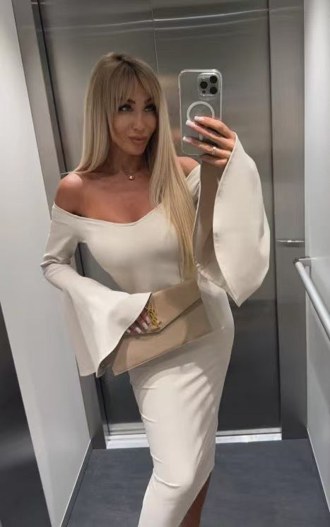 Damen Elegantes Langarmkleid mit weiten Ärmeln und Schlitz Stalluxe
