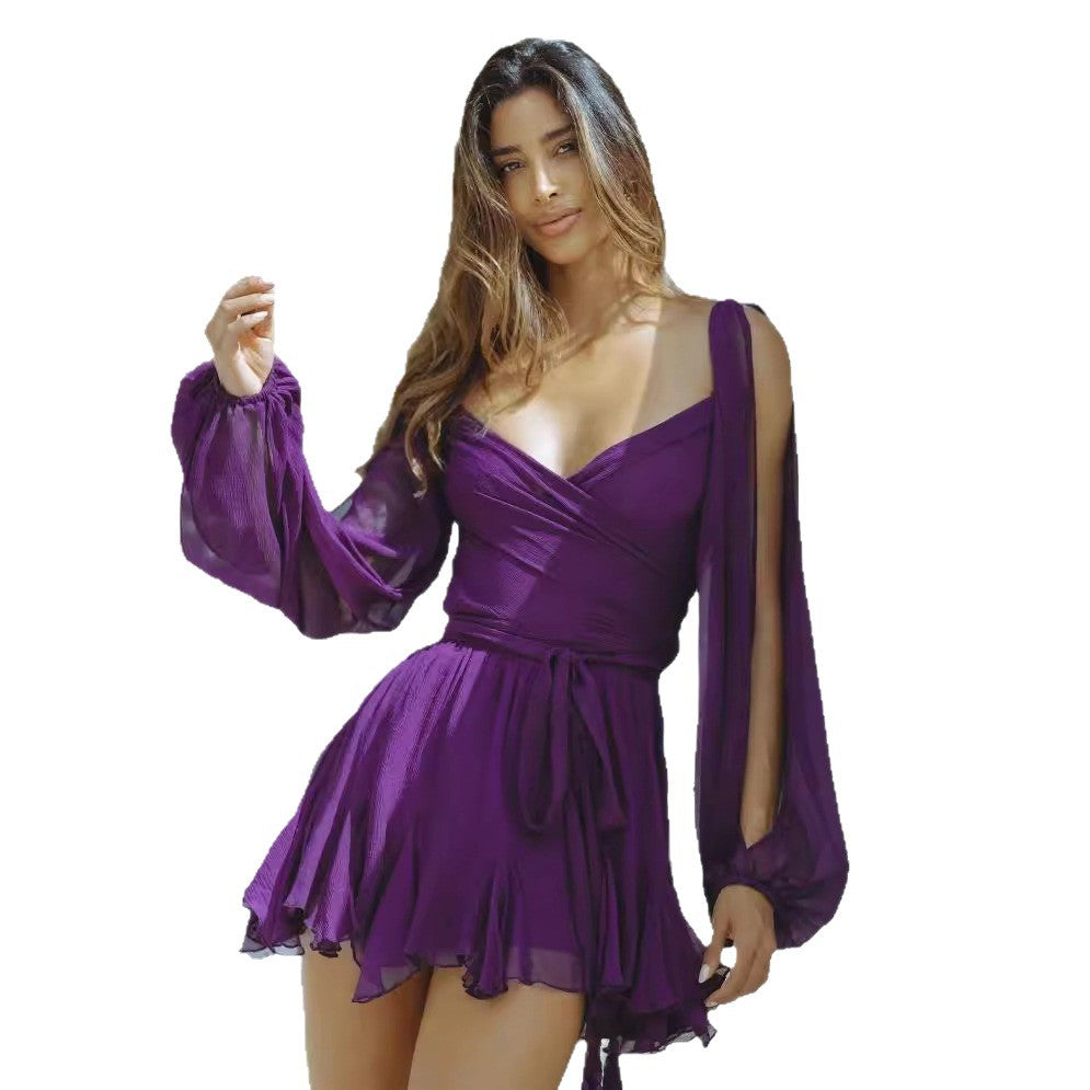 Damen Wickelkleid mit floralen Rüschendetails und sexy V-Ausschnitt Stalluxe