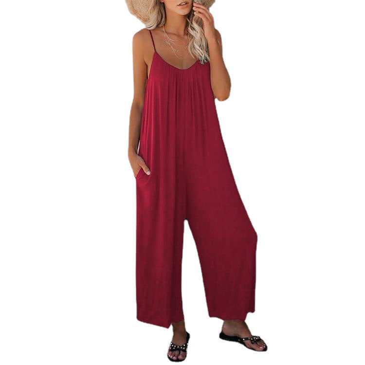 Damen Lässiger Sommer-Jumpsuit mit tiefem Ausschnitt und praktischen Taschen Stalluxe