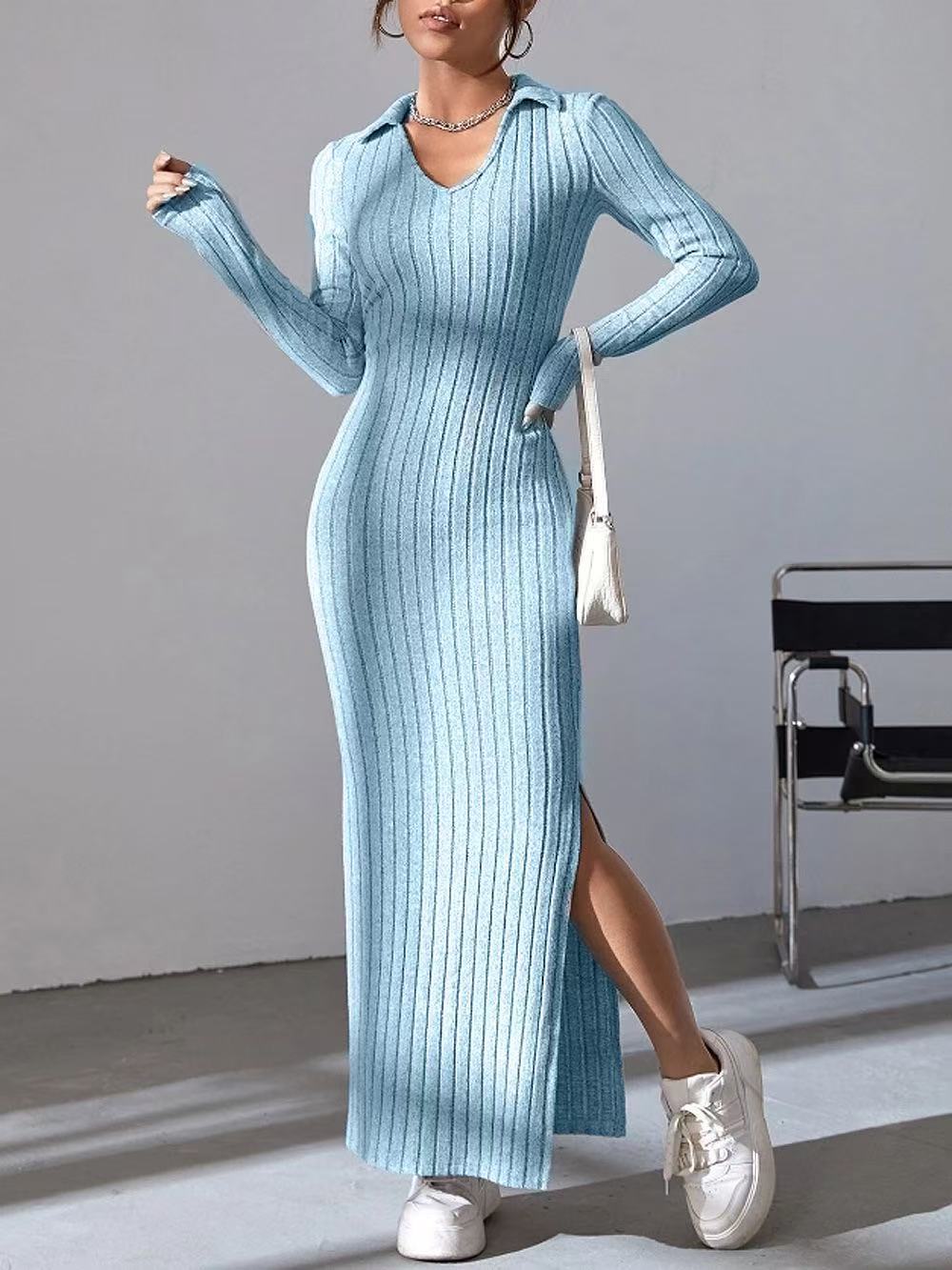 Damen Maxikleid mit elegantem Rippdesign und modischem V-Ausschnitt Stalluxe