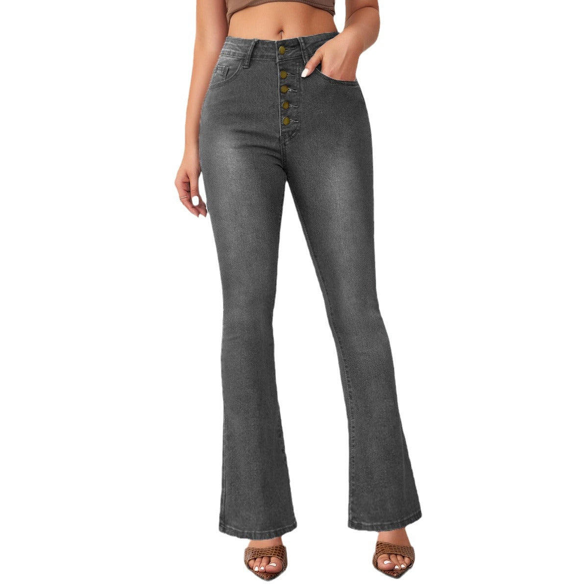 Damen Flared Jeans mit hohen Bund und modischen Knopfdetails Stalluxe