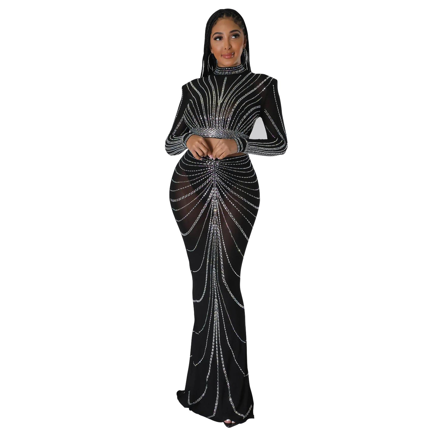 Damen Glamouröses Abendkleid mit funkelnden Strassdetails und transparenter Einsätzen Stalluxe