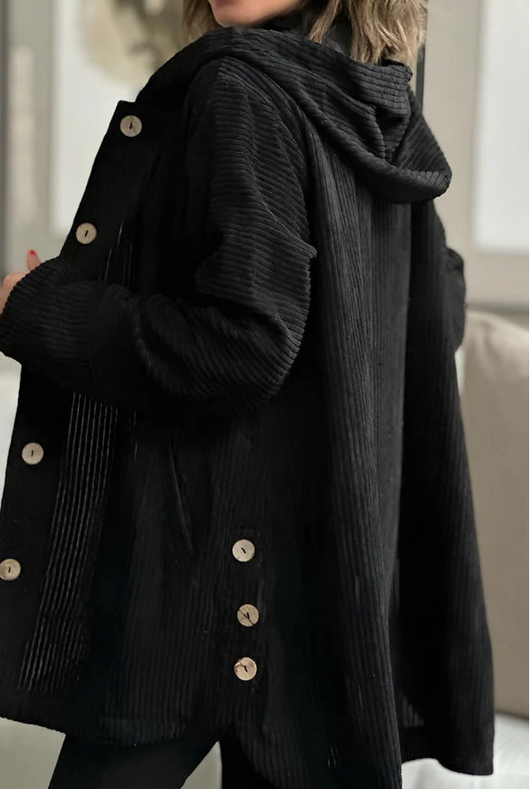 Damen Lässige cordjacke mit Kapuze und großen Knöpfen Stalluxe