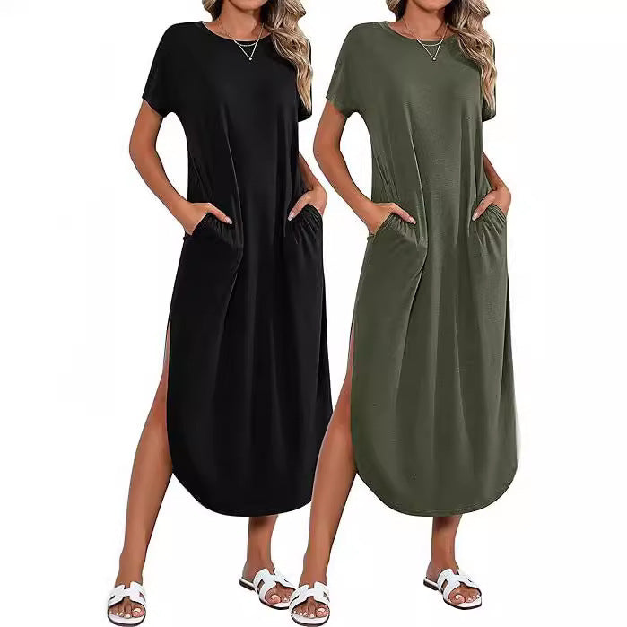 Damen Lässiges Maxikleid mit seitlichem Schlitz und feinem Rundhalsausschnitt Stalluxe