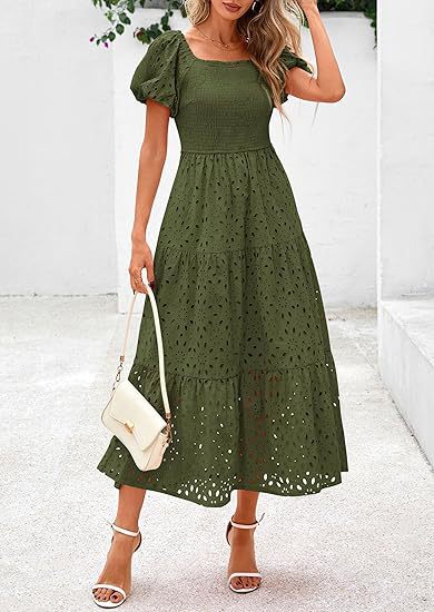 Damen Maxikleid mit dekorativem Lochmuster und Puffärmeln Stalluxe