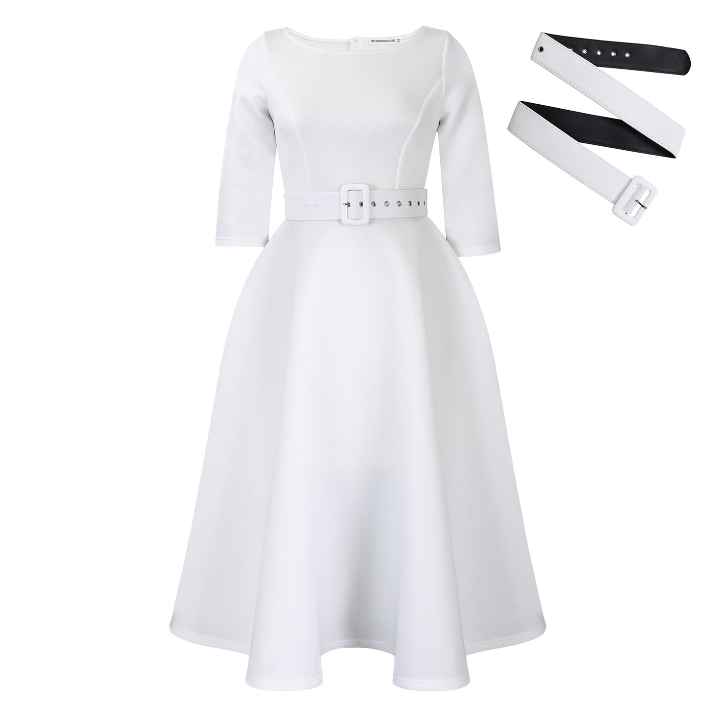Damen Elegantes A-Linien Kleid mit Gürtel und ¾-Ärmeln Stalluxe