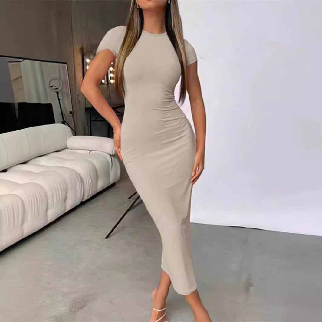Damen körperbetontes Midi-Kleid mit kurzen Ärmeln und Rundhalsausschnitt Stalluxe