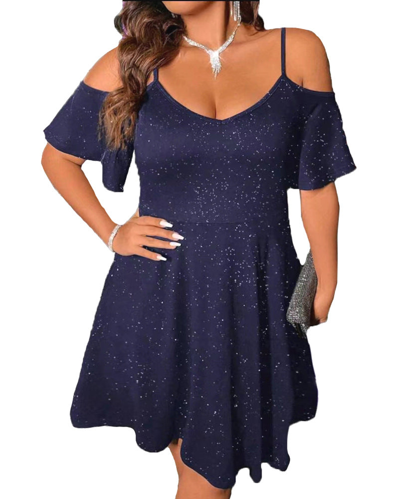 Damen verspieltes Kurzarmkleid mit offener Schulter und schimmerndem Detail Stalluxe