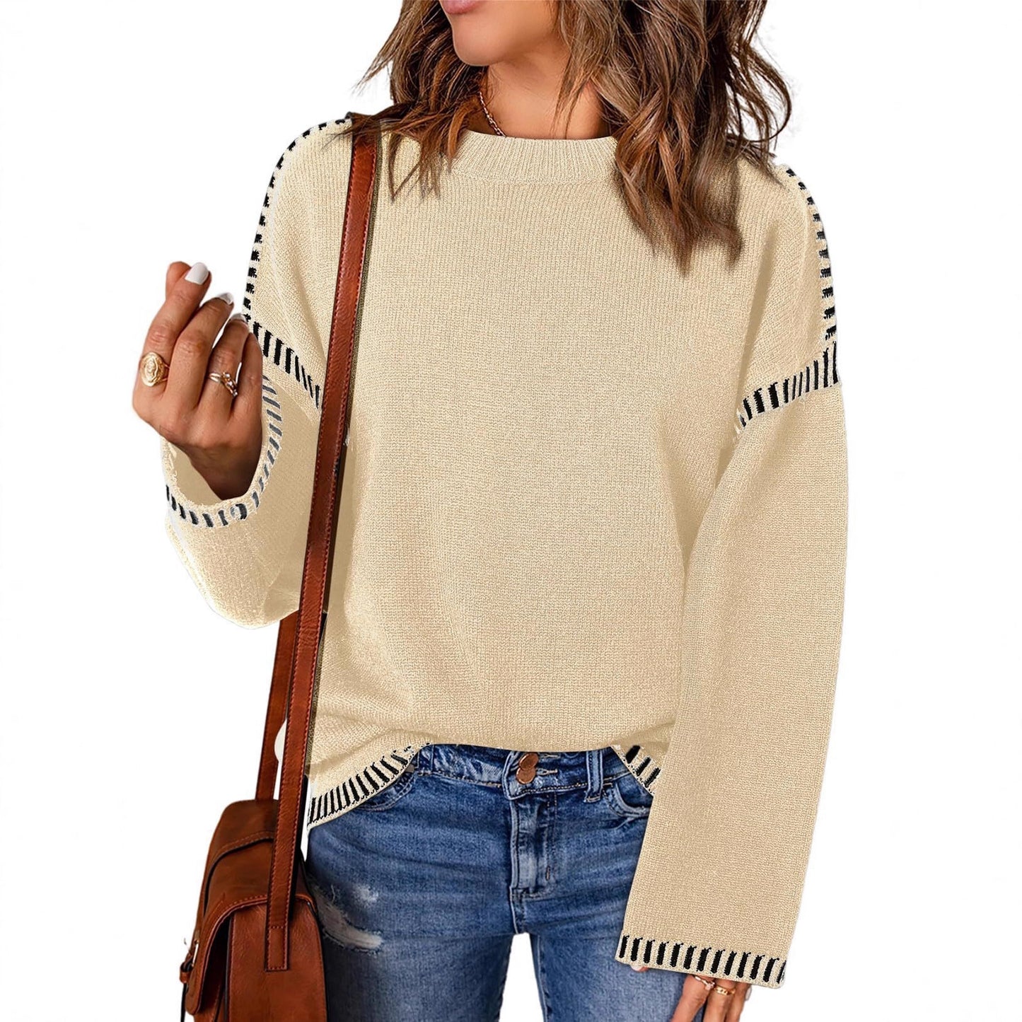 Damen Grobstrickpullover mit modischem Kontrastsaum und weiten Ärmeln Stalluxe