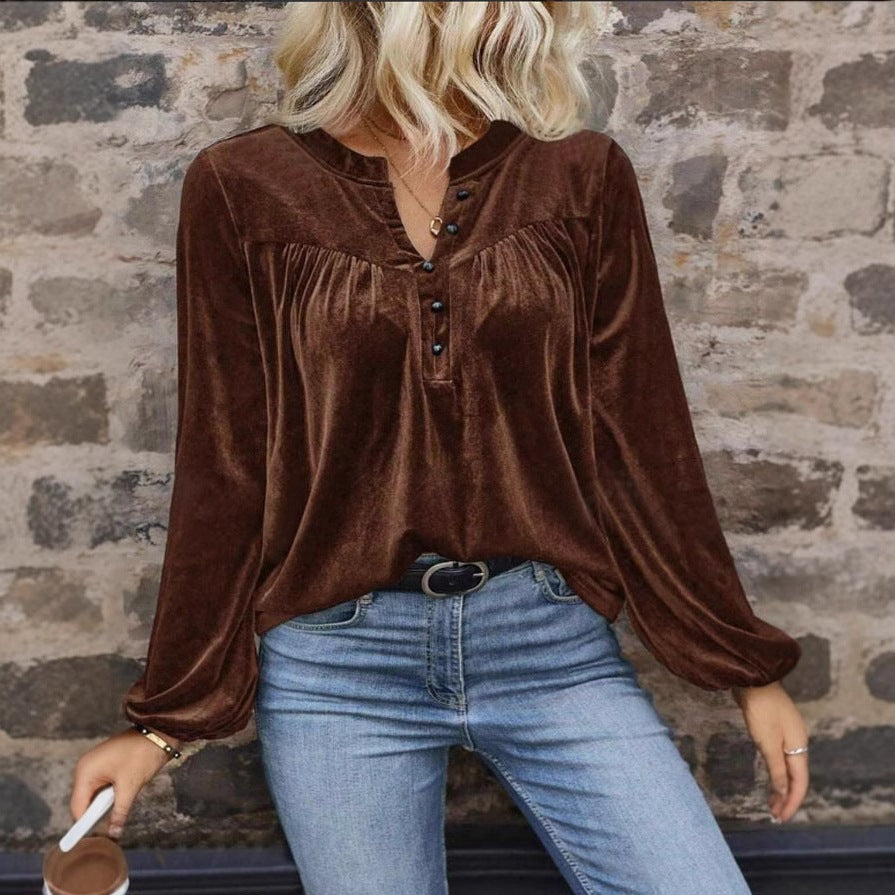 Damen Samt-Bluse mit Knopfleiste Stalluxe