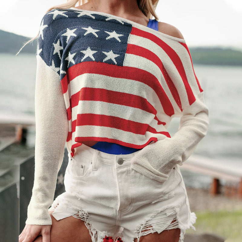 Damen lässiger Pullover mit Flaggenmuster und weiten Ärmeln Stalluxe