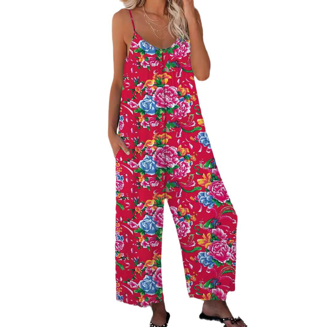 Damen Luftiger Jumpsuit mit floralem Design und verstellbaren Trägern Stalluxe