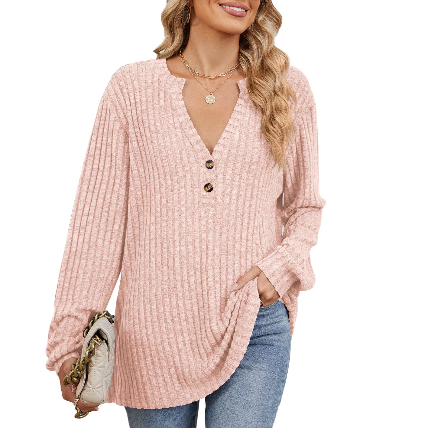 Damen Langarmshirt mit strukturiertem V-Ausschnitt und Knopfdetails Stalluxe