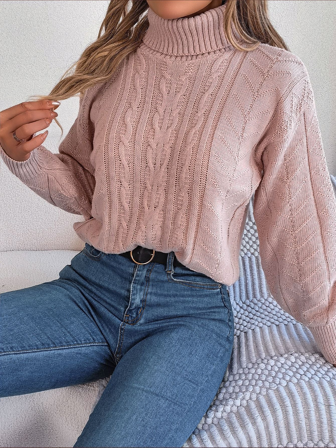 Damen Gemütlicher Strickpullover mit Stehkragen und Zopfmuster Stalluxe
