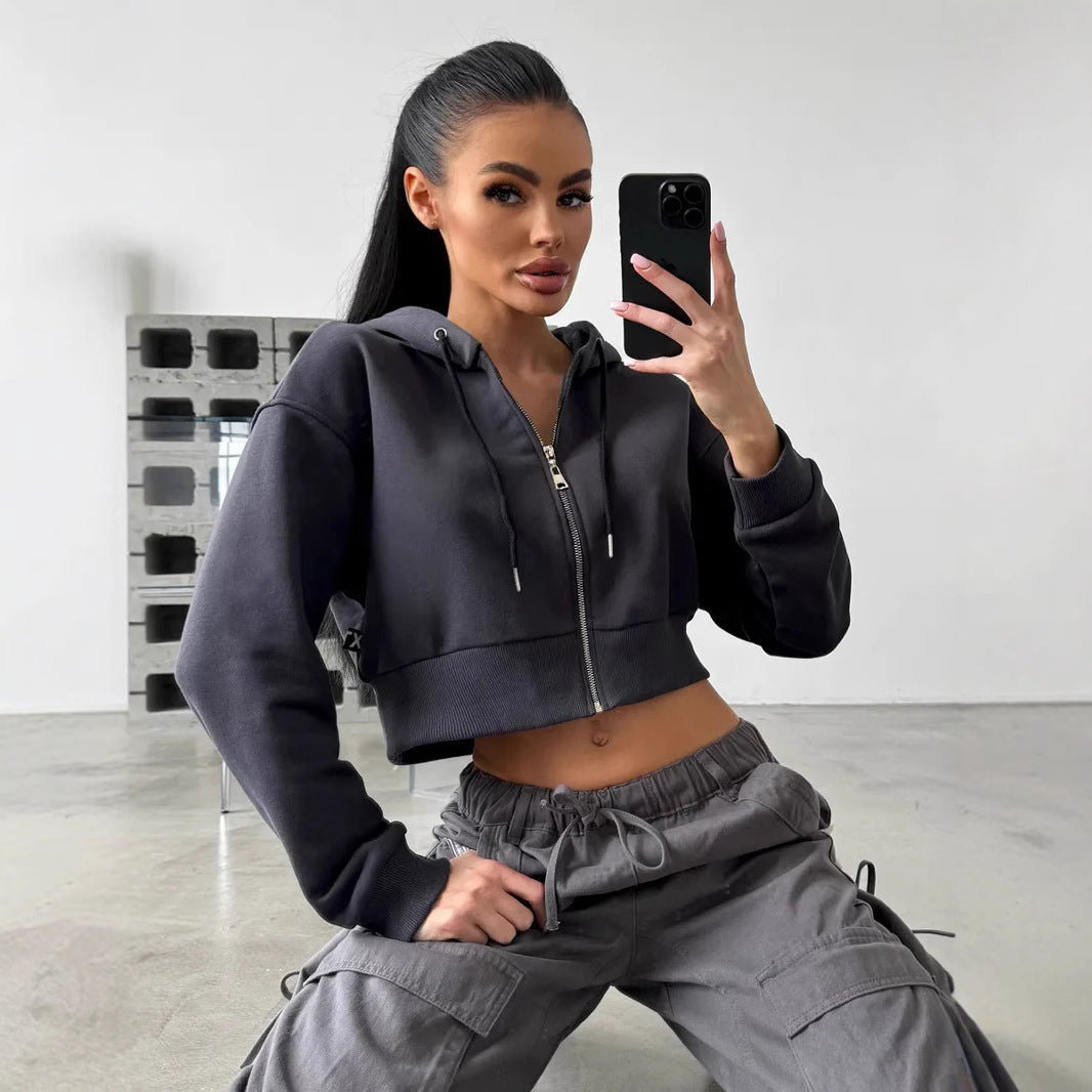 Damen cropped Kapuzenpullover mit bequemen elastischen Bündchen und praktischen Taschen Stalluxe