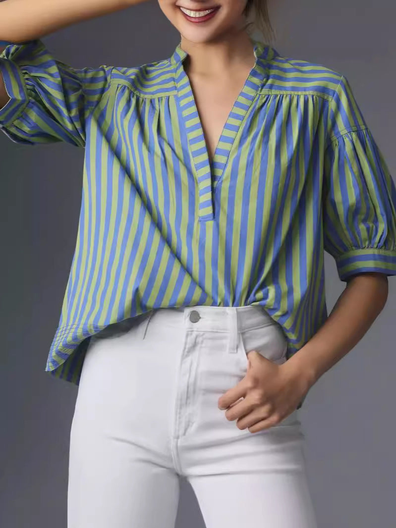 Damen Hemdblusenshirt mit Puffärmeln und gestreiftem Muster Stalluxe