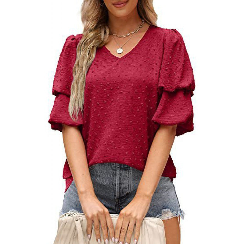 Damen V-Ausschnitt Bluse mit Puffärmeln und Struktur Stalluxe
