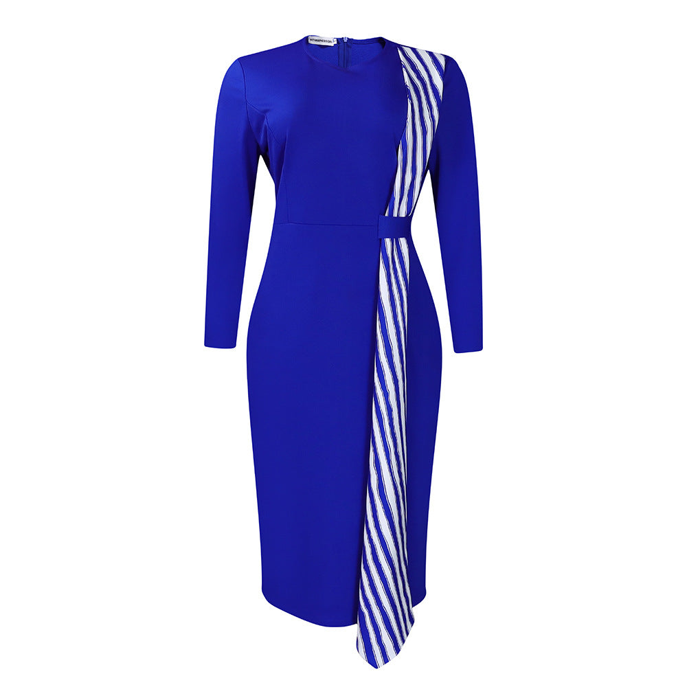 Damen elegantes Kleid mit asymmetrischem Bindegürtel und langen Ärmeln Stalluxe