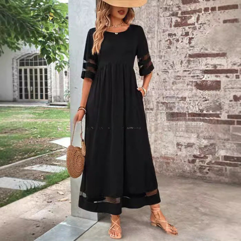 Damen luftiges Maxikleid mit transparenten Ärmeln und charmantem Schnitt Stalluxe