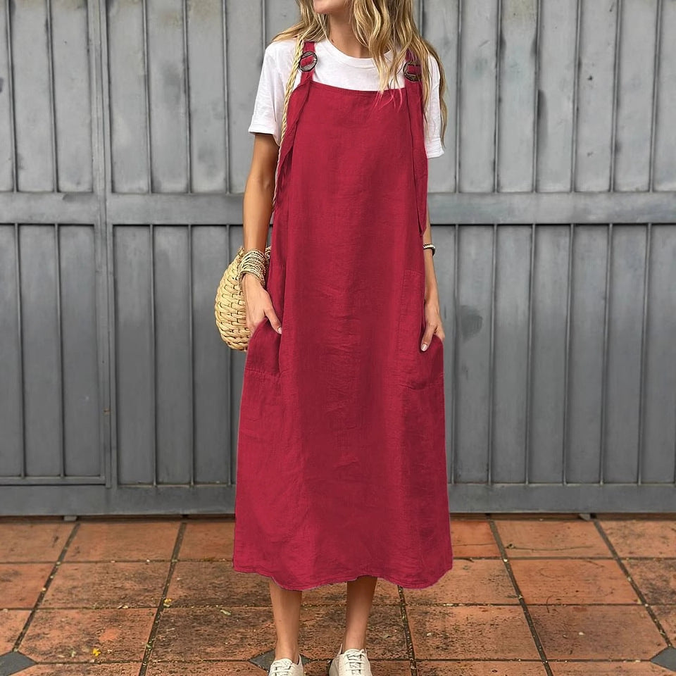 Damen lässiges Leinen-Trägerkleid mit praktischen Taschen Stalluxe