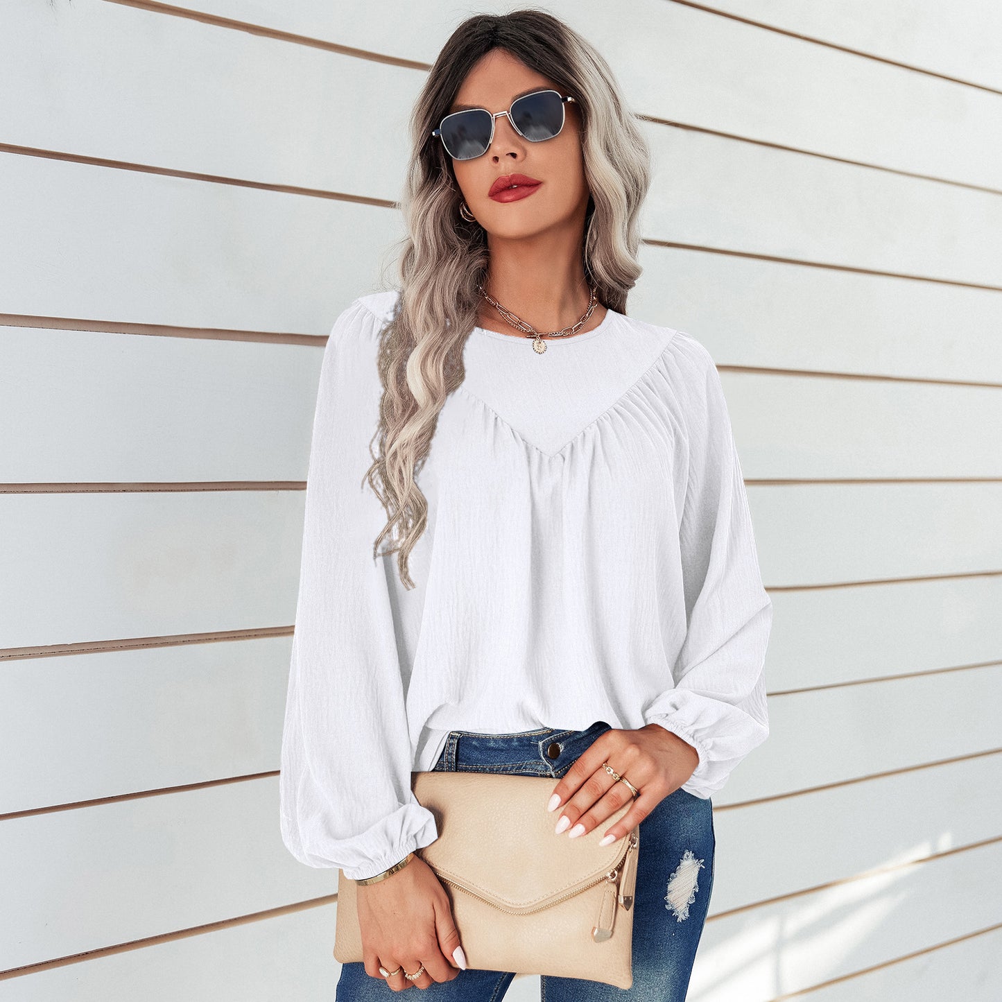 Damen lässiges Blusenshirt mit weit ausgestellten Ärmeln und feiner Rippstruktur Stalluxe