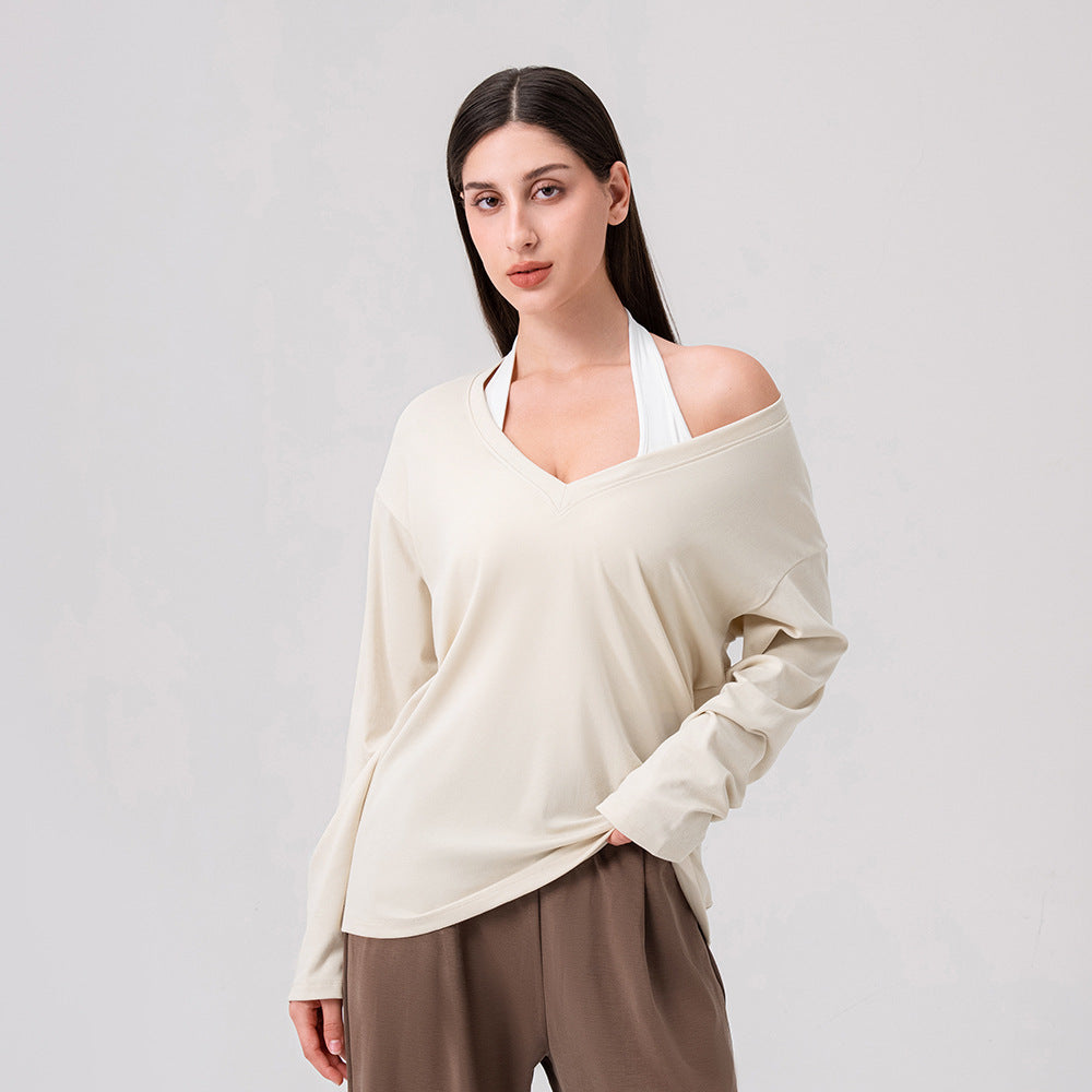 Damen Lässiges V-Ausschnitt Langarmshirt mit lockerer Passform Stalluxe