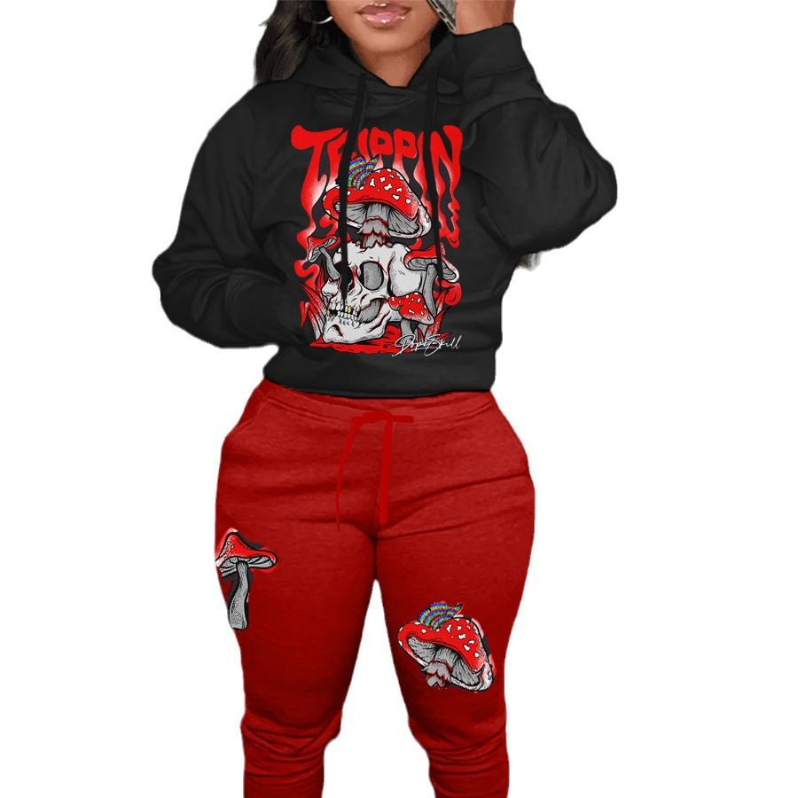Damen Hoodie und Jogginghose Set mit kreativem Pilzdesign Stalluxe