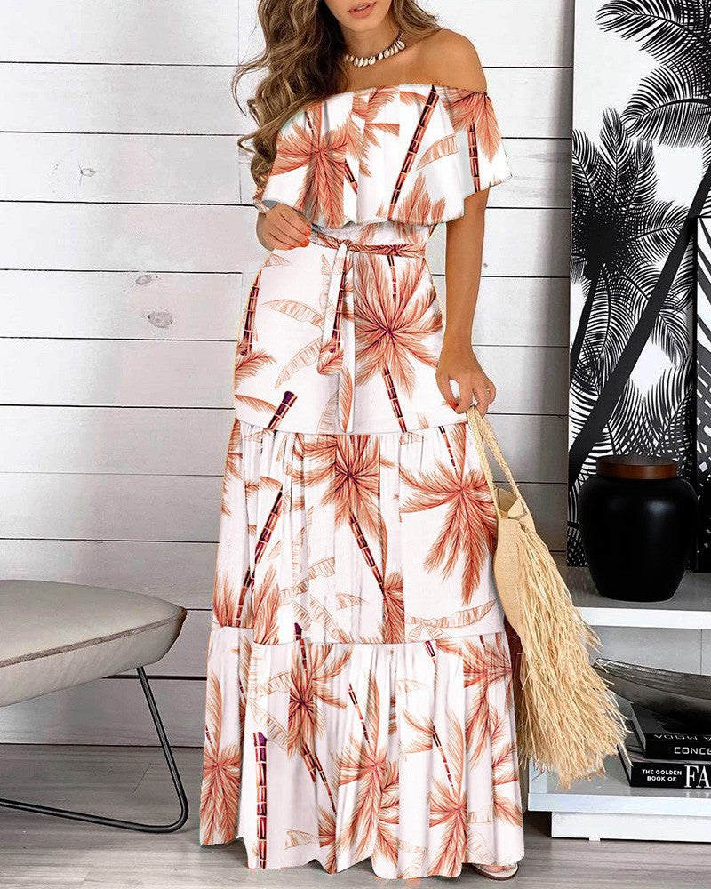Damen Maxikleid mit schulterfreiem Design und animalischem Muster Stalluxe
