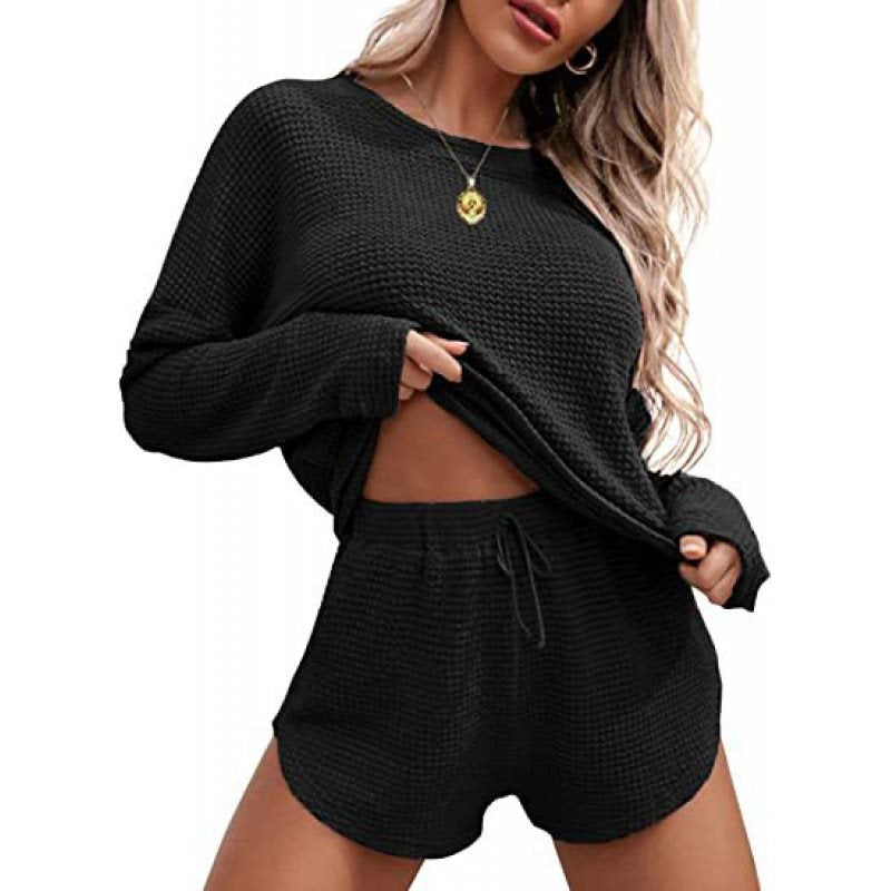 Damen lässiges Waffelstrick-Outfit mit komfortablem Crop-Oberteil und Shorts Stalluxe