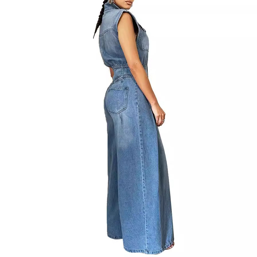 Damen Jeans-Einteiler mit weiten Beinen und Schulterklappen Stalluxe