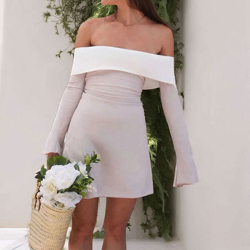 Damen schulterfreies Minikleid mit eleganten Trompetenärmeln und figurbetontem Schnitt Stalluxe