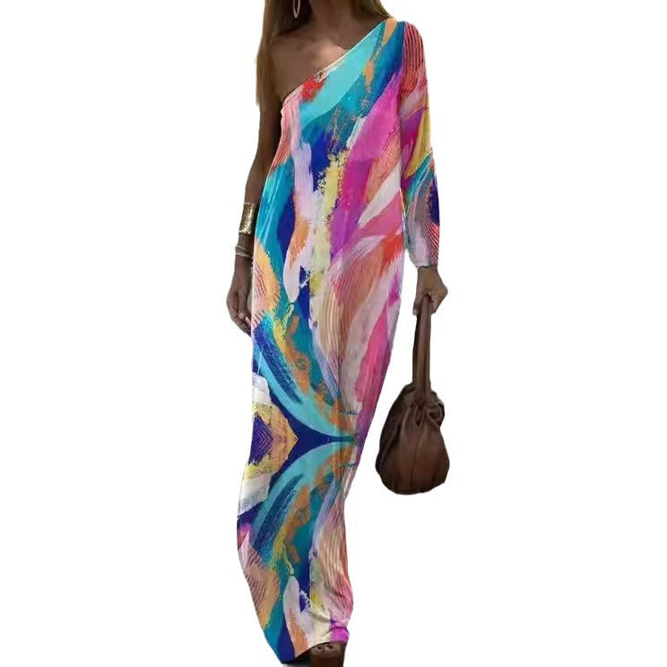 Damen asymmetrisches Maxikleid mit buntem Kunstdruck Stalluxe