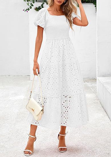 Damen Maxikleid mit dekorativem Lochmuster und Puffärmeln Stalluxe