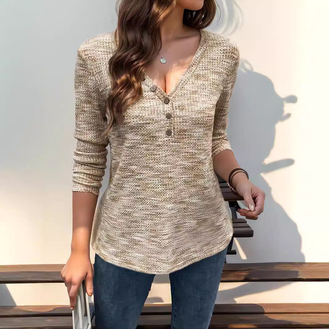 Damen Langarmshirt mit strukturiertem Halsausschnitt und Knopfdetails Stalluxe
