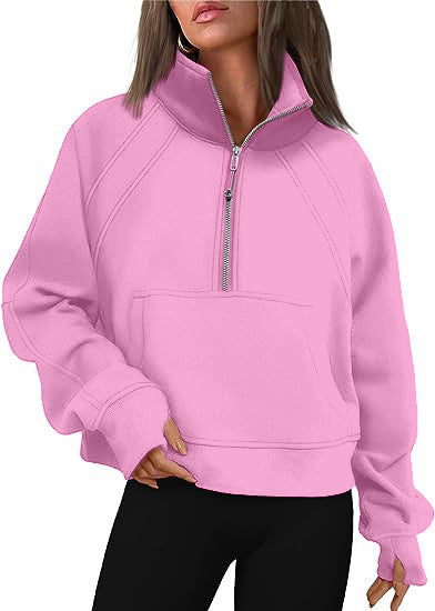 Damen sportlicher Pullover mit halbem Reißverschluss und Kängurutasche Stalluxe