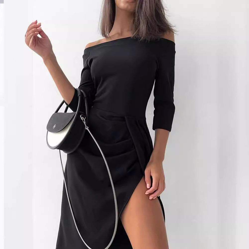 Damen Off-Shoulder Kleid mit asymmetrischem Schnitt und Drapierung Stalluxe