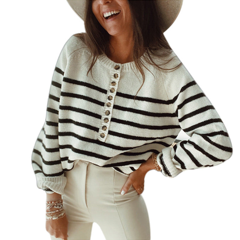 Damen Streifenstrickpullover mit Knopfleiste und weitem Schnitt Stalluxe