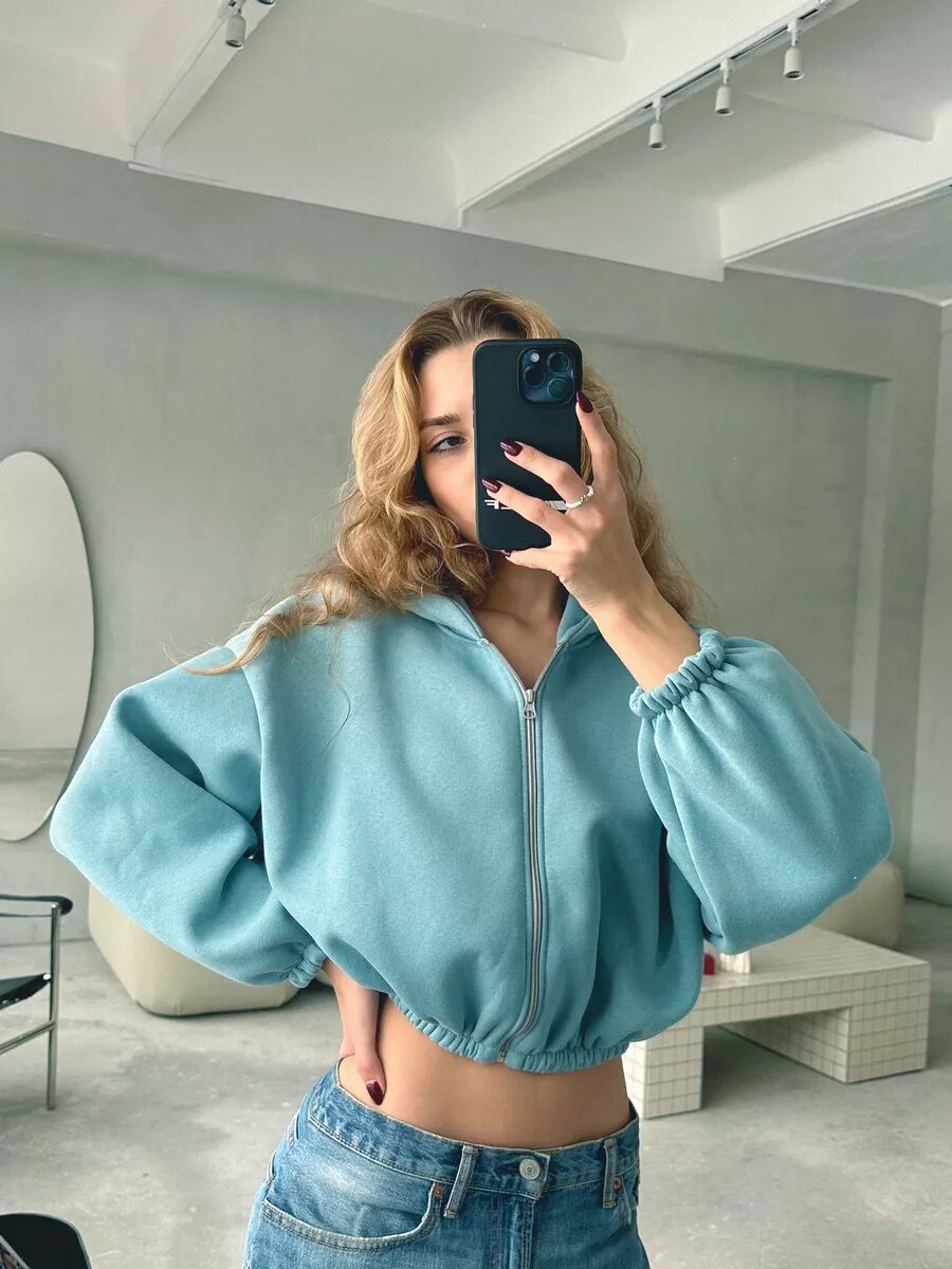 Damen cropped Kapuzenpullover mit voluminösen Ärmeln Stalluxe