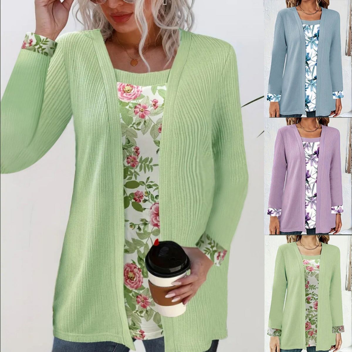 Damen lässiger Cardigan mit floralem Innenfutter und langen Ärmeln Stalluxe