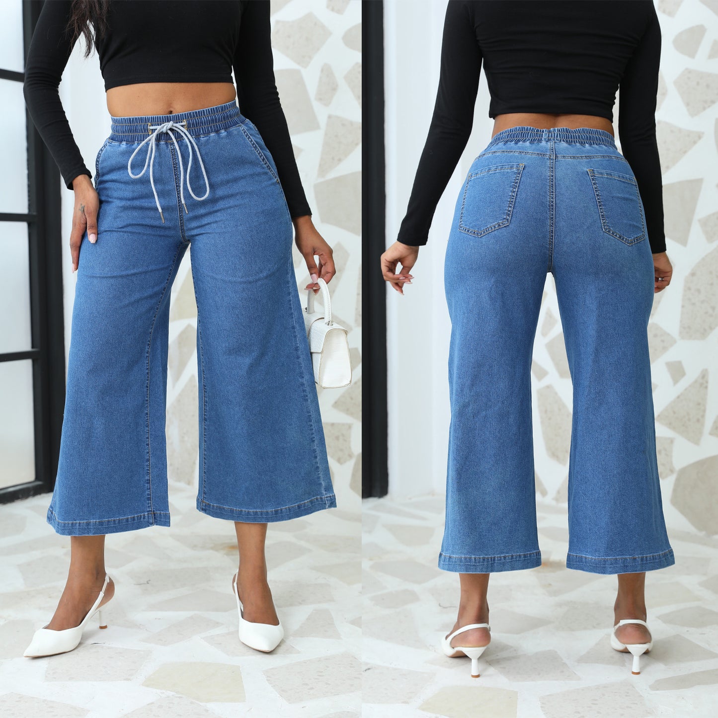 Damen weite Denim-Hose mit elastischem Bund und Kordelzug Stalluxe