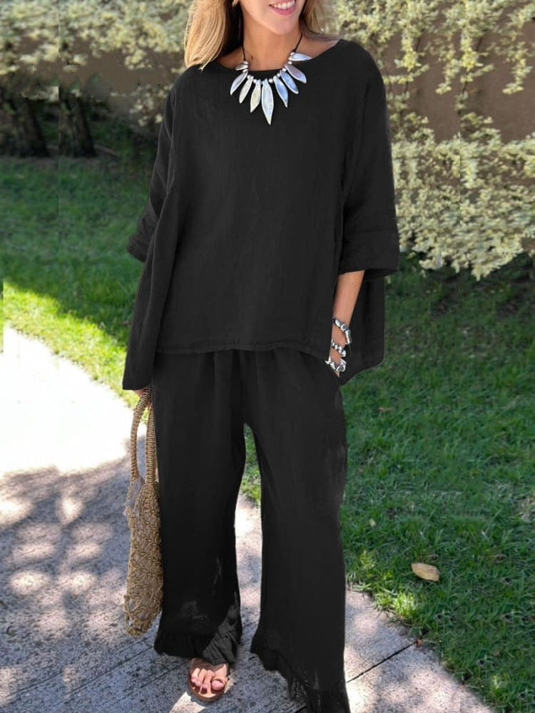 Damen lässiges Leinen-Outfit mit weitem Schnitt und angeschnittenen Ärmeln Stalluxe